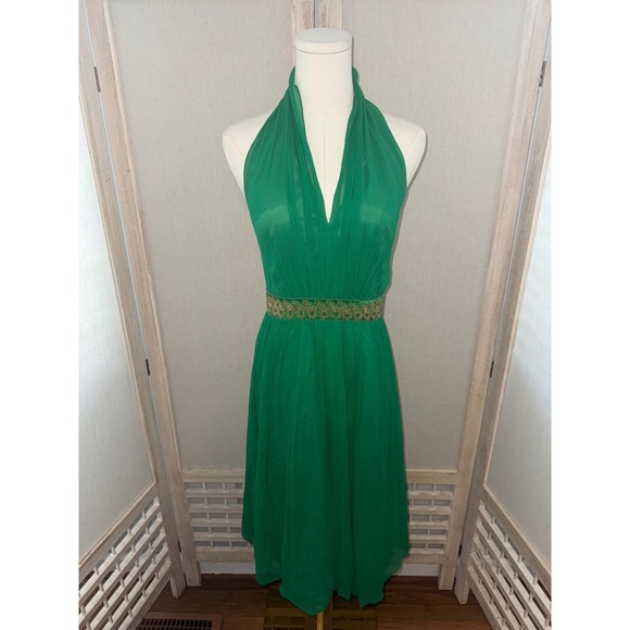 Maggy London Halter Dress Green Silk Beaded Waist Cocktail Party Evening Size 6 - Picture 1 of 10